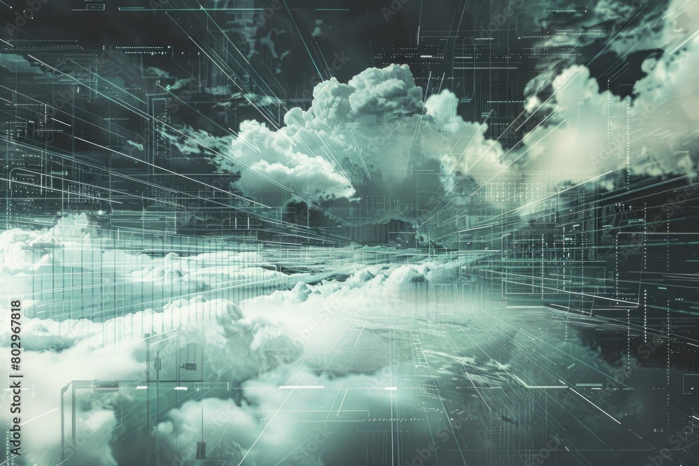 Poster A picture of a sky with fluffy clouds and intersecting lines. Suitable for various design projects