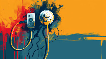 Stylized abstract art featuring music headphones and player with vibrant orange and blue paint splashes.