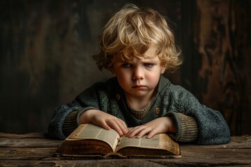 A young boy engrossed in reading a book at a table. Suitable for educational and leisure concepts