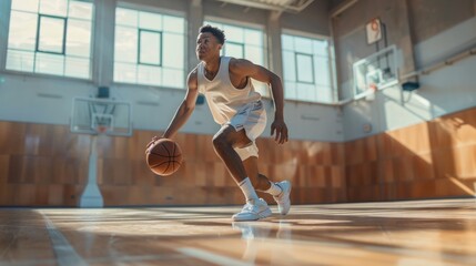 Dynamic shot of a young biracial man dribbling a basketball on an indoor court, focused on the game - Powered by Adobe