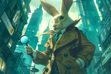 A bunny detective hopping with a magnifying glass in its paws, chasing after a suspect.