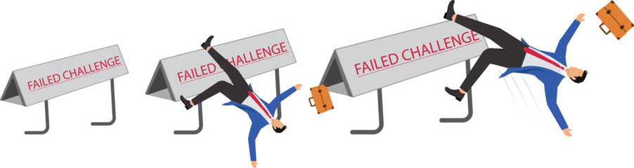 Failed challenge, poor performance, professional or business mistake, businessman challenged to hurdle and fell over