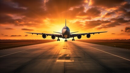 A large airplane flying over a runway into sunrise with sun shining Travel 
