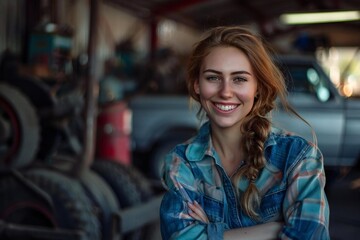 Obraz premium Grease and Grace: Portrait of a Smiling Female Automotive Mechanic in Garage