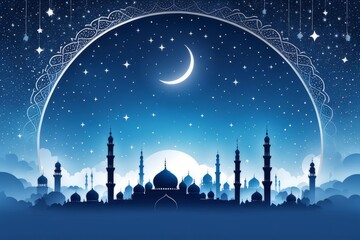 Blue and white Eid AlFitr illustration featuring a mosque silhouette against a foggy sky, adorned with twinkling stars