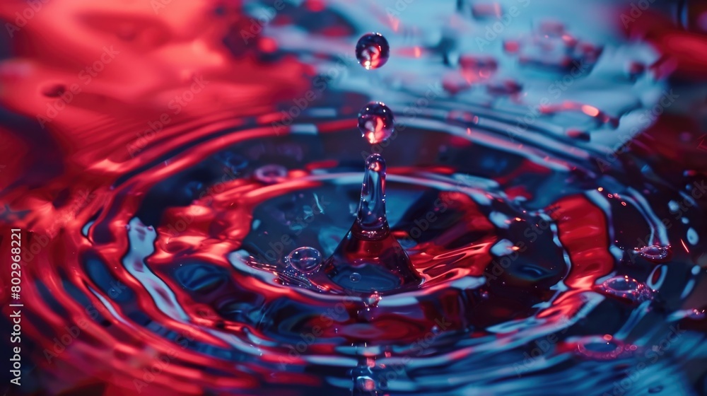 Poster close-up of a red and blue water drop. ideal for science or nature concepts