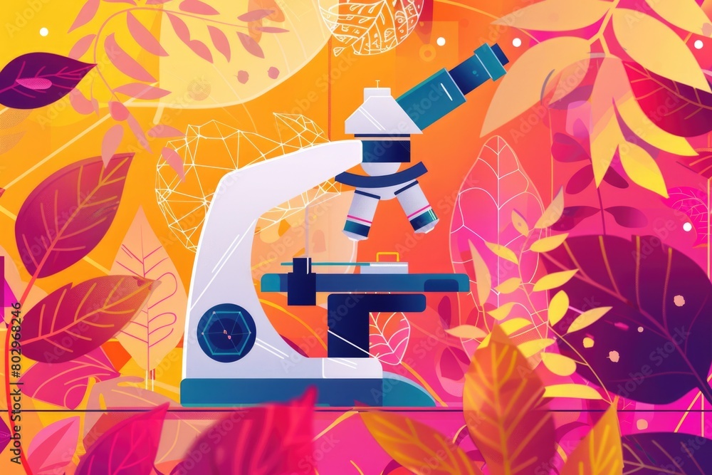 Poster a microscope with a plant in the background. ideal for scientific presentations