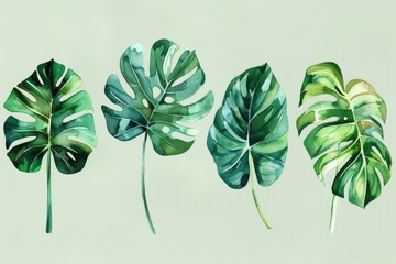 Vibrant watercolor painting of three tropical leaves, perfect for botanical designs