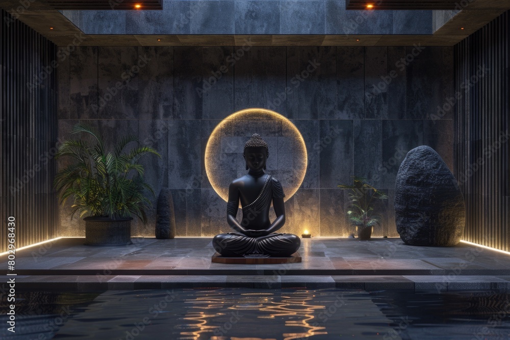 Poster a statue depicting a person in a meditation position. suitable for mindfulness and relaxation concep