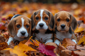 A trio of curious beagle puppies investigating a colorful pile of autumn leaves in a suburban backyard, noses twitching with excitement.