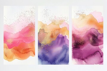 Three vibrant paintings in different colors. Suitable for artistic backgrounds