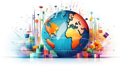 Naklejka premium Global market cartoon illustration - Generative AI. Globe, sphere, colorful, blocks.