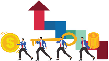 Teamwork, Successful Business Teams, Keys for Teams, Growing and Progressing Teams, Business Team Members Take Huge Keys and Gold Coins Together