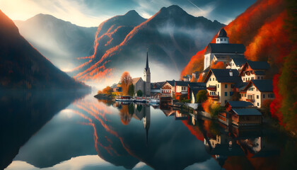 Idyllic Autumn Village: Lakeside Reflections and Misty Mountain Backdrop