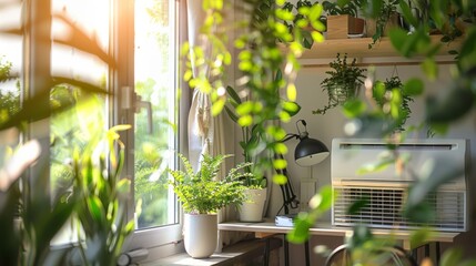 Eco-Friendly Air Conditioning in a Bright Room with Greenery
