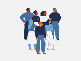 Different people standing together in the shape of a heart. The diverse group of Men and woman support each other for achieving common goals. Concept of unity, love, and solidarity.Vector illustration