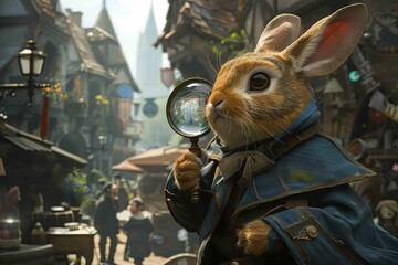 A bunny detective hopping with a magnifying glass in its paws, chasing after a suspect.