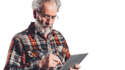 Portrait of a senior man using a digital tablet isolated on transparent png background.