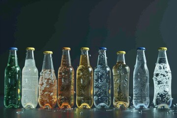 Row of bottles with different types of water, ideal for beverage industry promotions