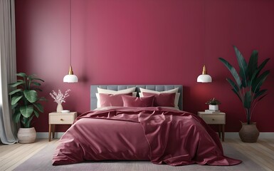 Empty painted viva magenta wall. White and crimson red burgundy color bedding furniture and blank background.Bedroom interior trend 2024 year Modern luxury apricot room interior home designs.