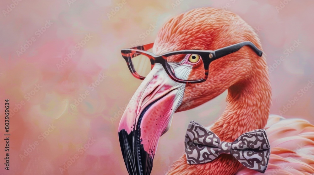 Poster a fashionable flamingo wearing glasses and a bow tie. perfect for adding a touch of fun to your proj