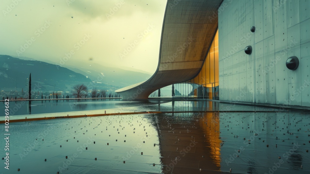 Aufkleber A large building with a very long curved roof. Suitable for architectural and urban design concepts