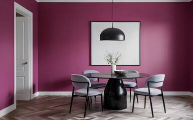 Empty-painted viva magenta wall.dark grey color chairs, furniture with black table and blank background. mockup Dinning room design. 3d render
