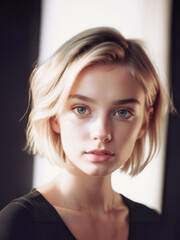Fototapeta premium giovane ragazza dai capelli biondi, occhi azzurri, primo piano luce naturale in penombra