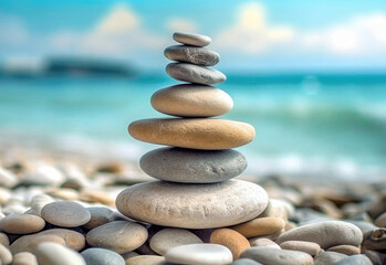 Pile of pebble zen stones stacked and balanced in harmony on the beach. Balance and stability concept.