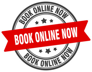 book online now stamp. book online now label on transparent background. round sign