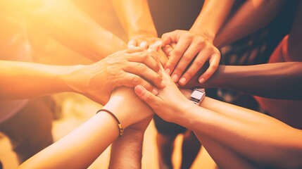 Fototapeta premium Diverse group of people holding hands in unity and community,showcasing mutual support in a multicultural society