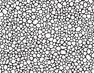 Seamless pattern of white pebbles arranged in a random organic pattern on a black background