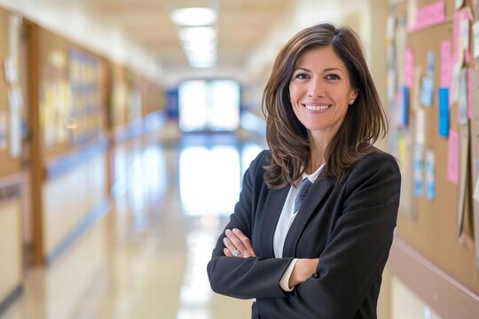 A professional school principal in a modern school environment.