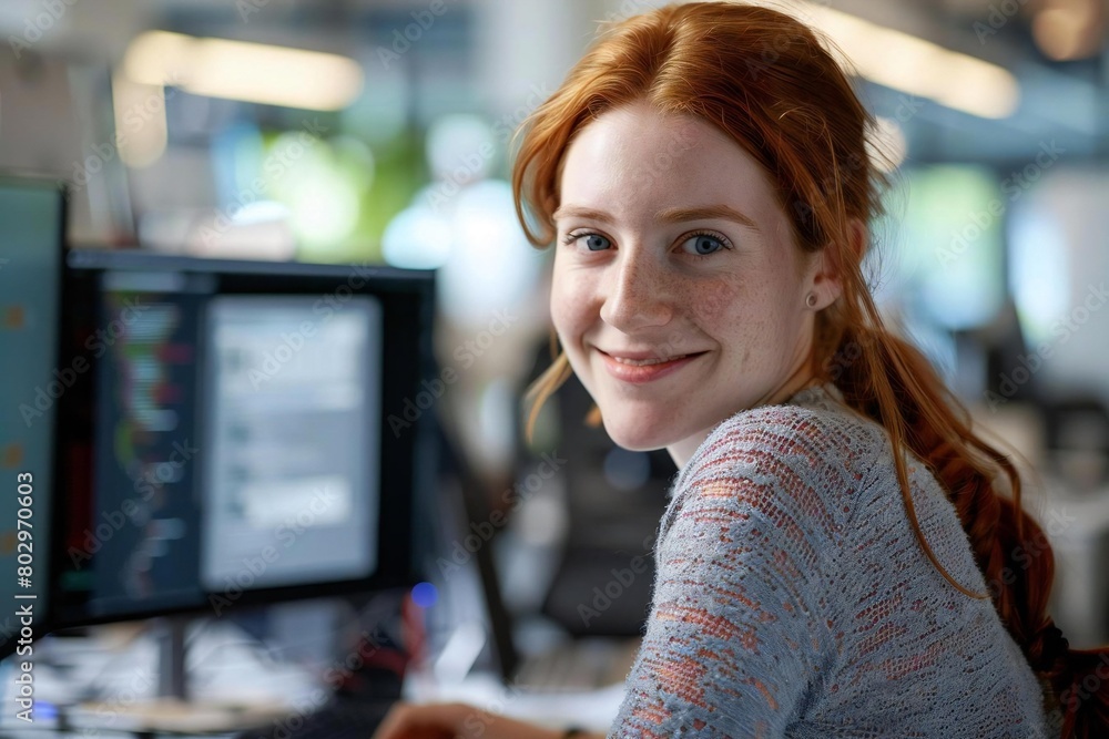 Poster the joy of coding: portrait of a happy female developer