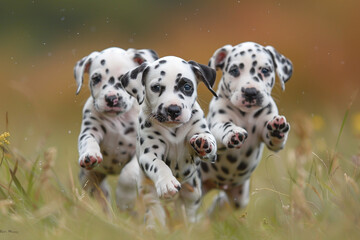 A trio of playful dalmatian puppies frolicking in a field of tall grass, spots blending in with the surroundings.