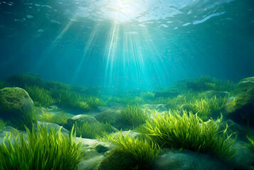 Obraz premium Underwater seascape with green aquatic algae on the ocean floor with natural sunlight.