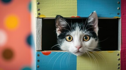 Curious black and white cat peeking out from colorful polka dot box