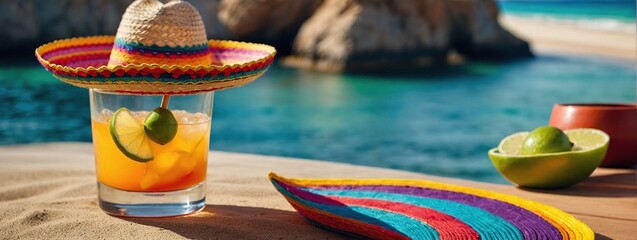 Colorful summer fiesta party,sombrero hat,maracas margarita cocktail,table colorful Mexican decorations With the exotic beach