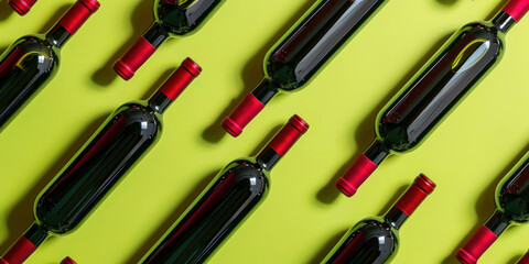 Fototapeta premium Top View of Red Wine Bottles on Green Background in 3D Rendering for Wine Advertisement or Product Showcase