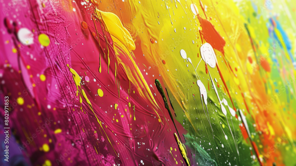 Poster Dynamic splatters and strokes in a colorful abstract acrylic painting close-up