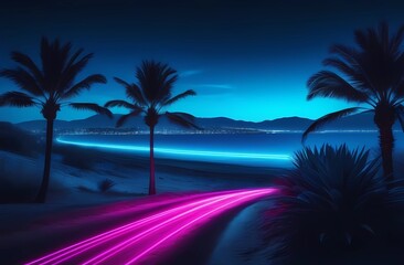 Night landscape with neon blue light. Dark neon palm tree background. Road, retro background, calm and relaxation.	
