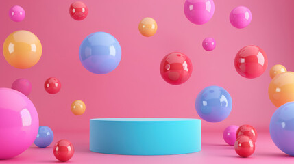 product podium with colorful bounce balls,copy space
