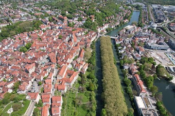 Aerial view around the old town of the city Tübingen in Germany on a sunny day in Spring