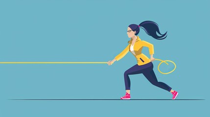 Feminism concept. Strong young woman pulling female symbol up using rope. Flat vector illustration