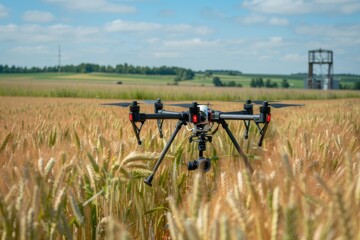 A drone equipped with multispectral sensors scans a field of mature wheat. 