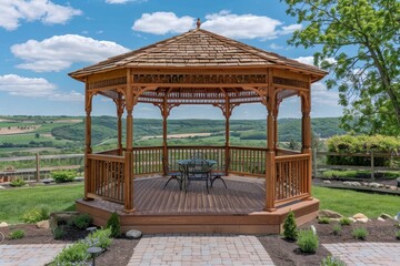 Naklejka premium Wooden gazebo with a table and chairs inside it.