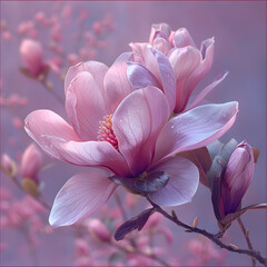 Fototapeta premium Enchanting Magnolia Floral Illustration - Delicate Pink Purple Flowers on Canvas Artwork