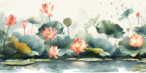 Tranquil Lotus Pond with Water Lilies and Reflections of the Sky in Water, Botanical Zen Scene