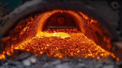 High-resolution photo of the interior of a gold smelting furnace, focusing on the glowing embers and molten gold pooling at the bottom, showcasing the extreme conditions needed for metal processing