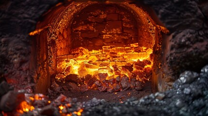 High-resolution photo of the interior of a gold smelting furnace, focusing on the glowing embers and molten gold pooling at the bottom, showcasing the extreme conditions needed for metal processing